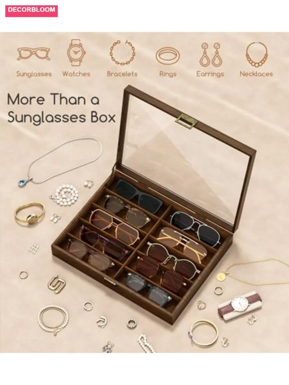 10-Slot Wooden Sunglass Organizer Case with Glass Top